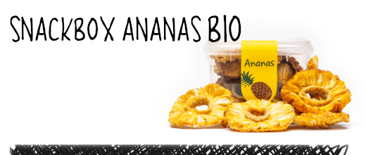 Die perfekte Snackbox für Ananas Liebhaber. Wir verwenden ausschliesslich biologische Ananas, welche aus  Sri Lanka stammen. Die Ananas sind schwefelfrei und enthalten  natürlichen Zucker. 

Durchschnittliche Nährwerte für 100g:
Energie 1213 kJ (289 kcal), Fett 0g, Kohlenhydrate 71.2g und davon Zucker 5.9g, Eiweiss 0.9 g.
CH-BIO-038
