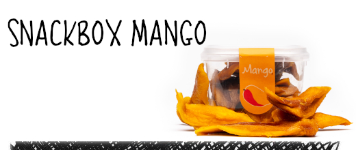 La Snackbox à collations pour les amateurs de mangue! Les mangues proviennent de Thaïlande, sont exemptes de soufre et contiennent naturellement du sucre.

Valeurs nutritives moyennes pour 100g:
Énergie 1340 kJ (320 kcal), graisse 2g, glucides 74g et dont sucre 7.3g, protéines 2g.