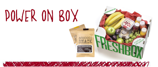 The perfect fruit box mixture of fresh fruits, Schoggi Snack, snack boxes and juices.